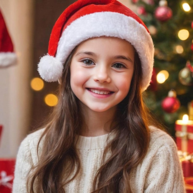 Una giovane ragazza che indossa un cappello da Babbo Natale e sorridente