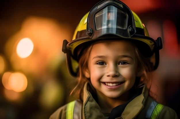 Una giovane ragazza che indossa un casco da vigile del fuoco sorride alla telecamera.
