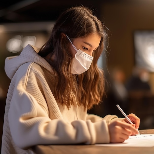 Una giovane ragazza che indossa una maschera facciale che scrive su un pezzo di carta