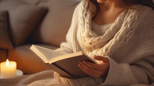 una giovane ragazza che legge un libro e beve il caffè mattutino a casa avvolta in una calda e comoda coperta creata con la tecnologia Generative Al