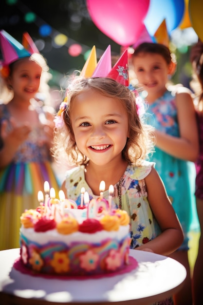 Una giovane ragazza che spegne le candele su una torta circondata dai suoi amici