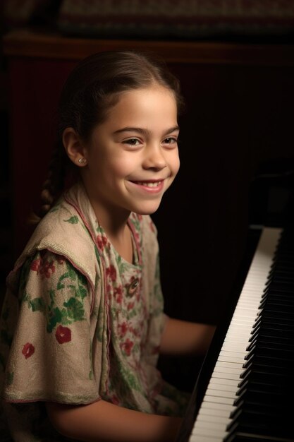 una giovane ragazza che suona un pianoforte creato con l'IA generativa