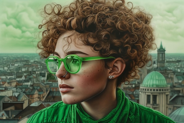 Una giovane ragazza con i capelli ricci in occhiali verdi sullo sfondo di una città europea Illustrazione fotorealistica AI generato