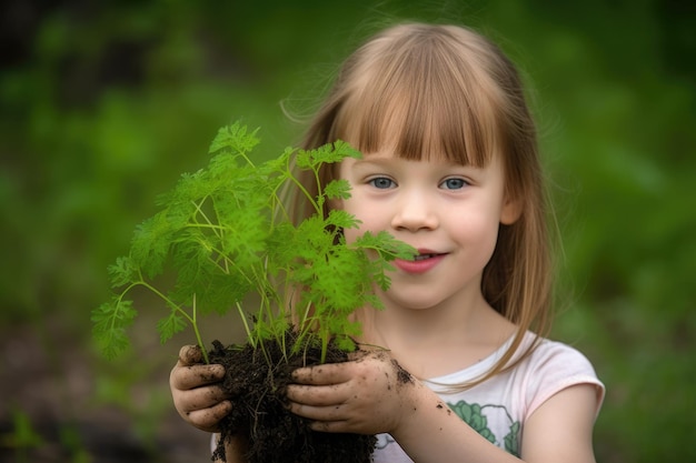 Una giovane ragazza con in mano una pianta che cresce dal terreno creato con l'IA generativa