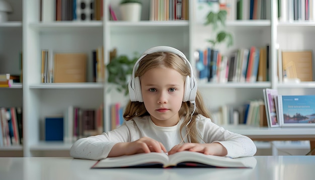 una giovane ragazza con le cuffie bianche si siede a un tavolo su cui giace un libro aperto in una stanza di biblioteca bianca