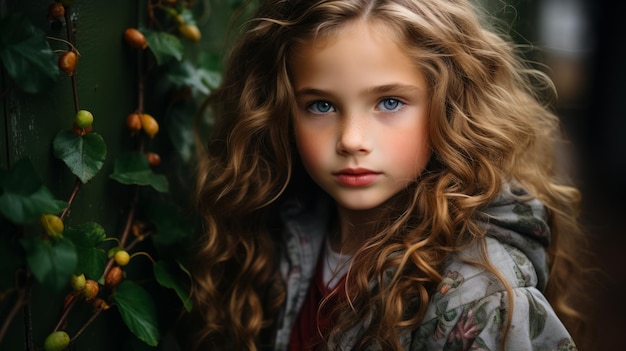 una giovane ragazza con lunghi capelli ricci guardando la telecamera