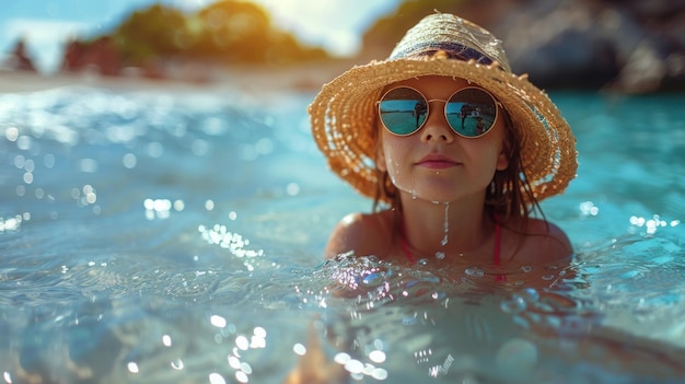 Una giovane ragazza con un cappello di paglia e occhiali da sole si sta rilassando in una piscina in una giornata di sole.