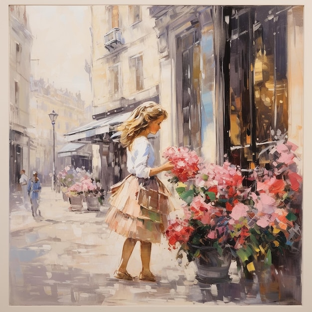 una giovane ragazza con un cesto di fiori vende viole sulla strada di Parigi in una giornata di sole dipingere