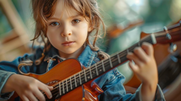 Una giovane ragazza con un'intensa concentrazione suona la chitarra La foto cattura la gioia della musica e la dedizione
