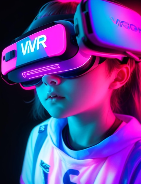 Una giovane ragazza con un paio di occhiali per realtà virtuale la parola VR illuminata da luminose luci al neon