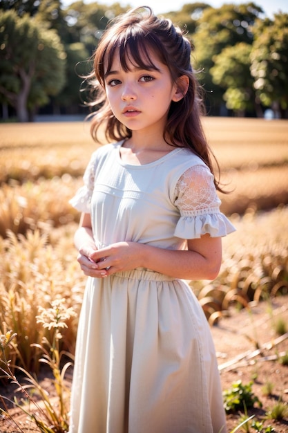 Una giovane ragazza con un vestito grigio si trova in un campo di grano.