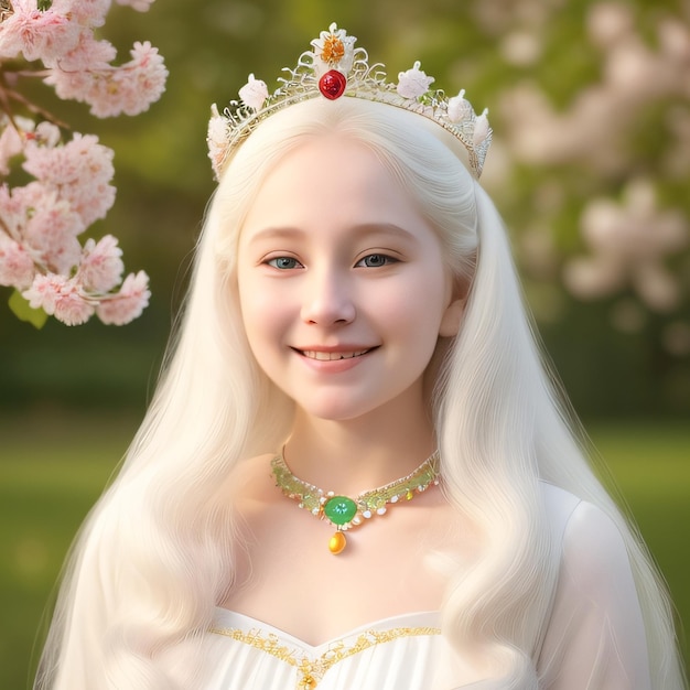 Una giovane ragazza con una corona bianca e pietre rosse è in posa per una foto.