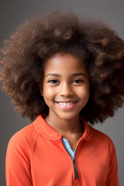 Una giovane ragazza con una grande acconciatura afro sorride per la fotocamera.