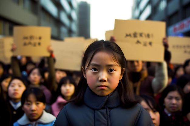 Una giovane ragazza coreana davanti a studenti e scolari con segni di protesta IA generativa