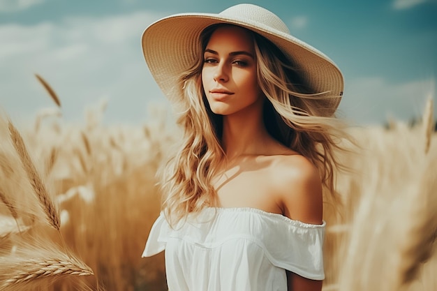 Una giovane ragazza felice che si diverte a sorridere nel campo di grano al tramonto Lifestyle Freedom conceptAI Generated