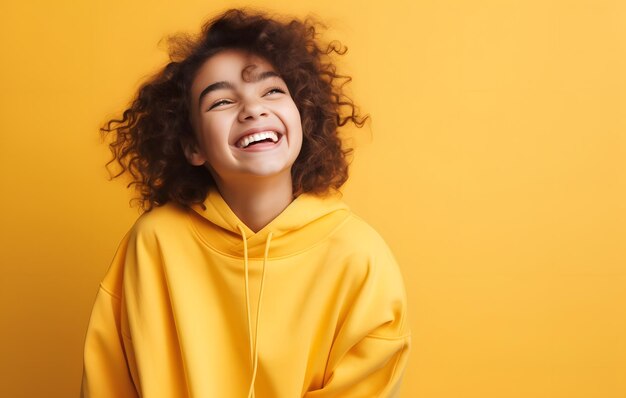 Una giovane ragazza felice che sorride e ride indossando vestiti luminosi sullo sfondo solido luminoso