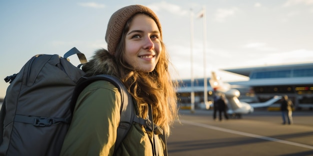 Una giovane ragazza felice con uno zaino dietro di lei è in piedi all'aeroporto vicino all'aereo Generative AI