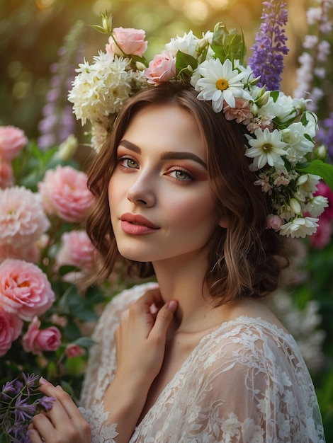 Una giovane ragazza felice e bella decorata con fiori freschi circondata da fiori frescissimi