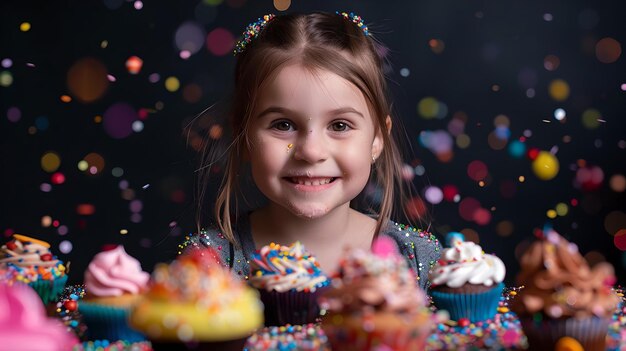 Una giovane ragazza gioiosa che celebra ad una festa festiva con cupcakes e confetti colorati un momento di felicità e innocenza infantile in stile studio girato per occasioni speciali AI