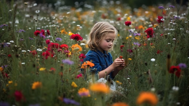 Una giovane ragazza in un campo di fiori