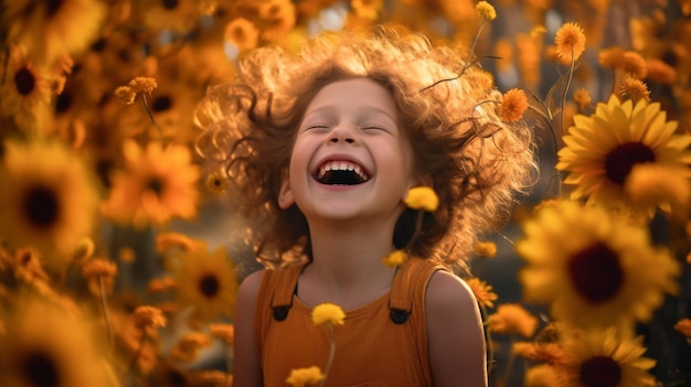 Una giovane ragazza in un campo di girasoli sorride e ride.