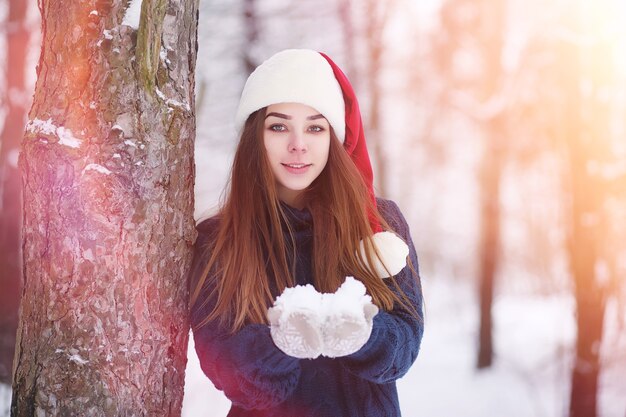 Una giovane ragazza in un parco invernale durante una passeggiata. Vacanze di Natale nella foresta invernale. La ragazza gode dell'inverno nel parco.