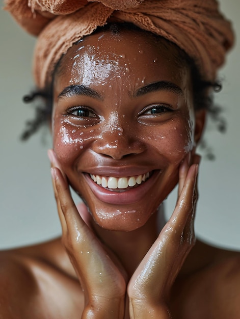 Una giovane ragazza nera con la pelle del viso radiante usa un prodotto cosmetico per pulirsi il viso sorridendo e assaporando la sensazione rinfrescante di una maschera di siero idratante