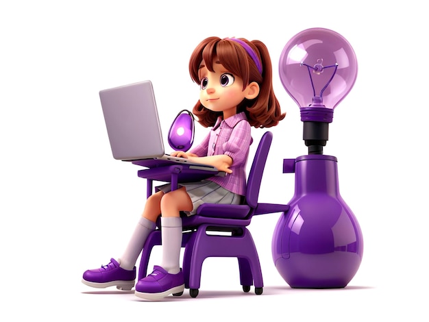 Una giovane ragazza seduta su una sedia che lavora e viene con belle idee d'affari illustrazione 3D