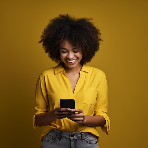 Una giovane ragazza sorridente con i capelli afro vestita di giallo su sfondo giallo tiene un cellulare