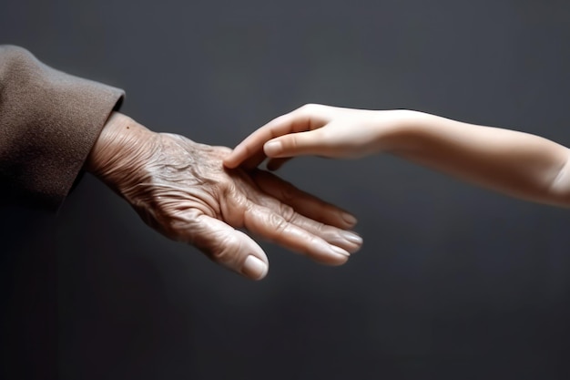 Una giovane ragazza tiene la mano di un vecchio