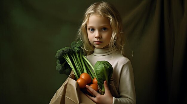 Una giovane ragazza tiene un sacchetto di carta di verdure.