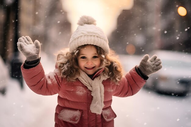 Una giovane ragazza vestita con abiti invernali si gode momenti giocosi in una strada innevata