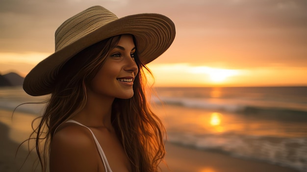 Una giovane spagnola di 18 anni vestita elegantemente per la spiaggia, incantata dal fascino del tramonto sulla costa