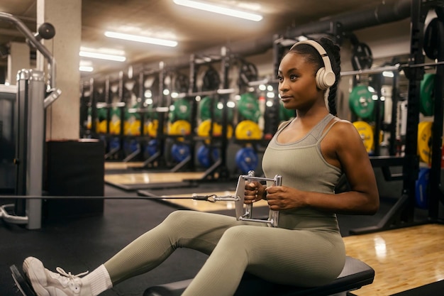 Una giovane sportiva afroamericana potente con le cuffie che fa allenamenti per la schiena