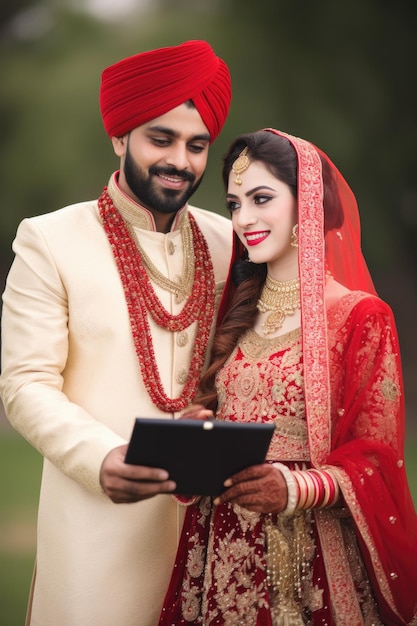 Una giovane sposa e uno sposo con in mano una tavoletta digitale creata con l'IA generativa
