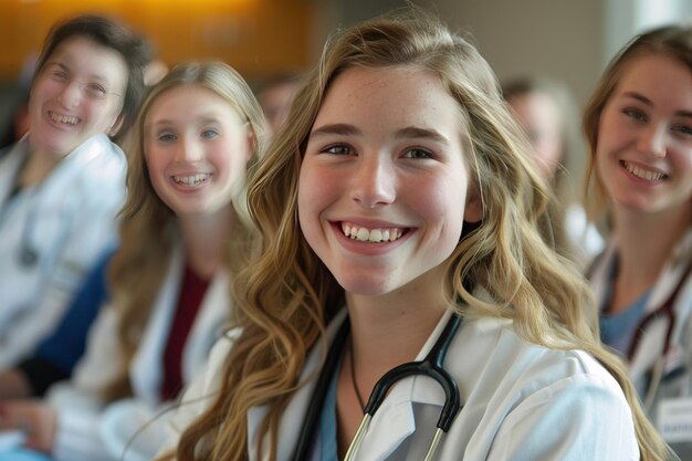 Una giovane studentessa di medicina sorridente in focus con un gruppo di colleghi seduti dietro di lei