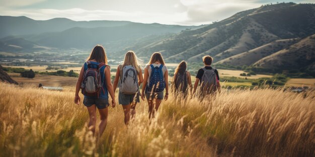 Una giovane studentessa e uno studente che fanno un'escursione in montagna