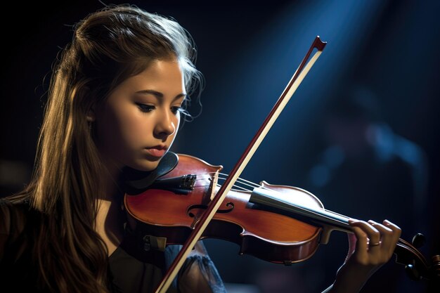 Una giovane studentessa suona il violino sul palco durante un concerto d'orchestra