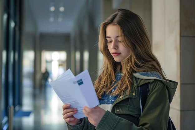 Una giovane studentessa universitaria si prende il tempo di leggere la scheda elettorale