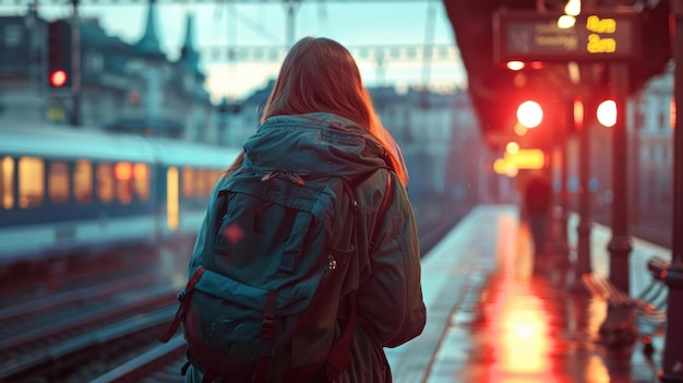 Una giovane turista felice con uno zaino in spalla si trova sulla piattaforma di una moderna stazione ferroviaria in attesa