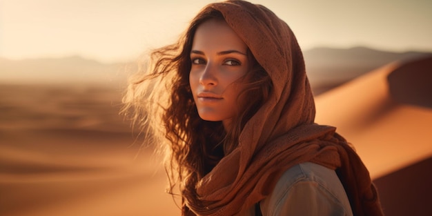 Una giovane turista si siede sulle dune di sabbia sotto il sole caldo bruciante sulla sabbia AI generativa