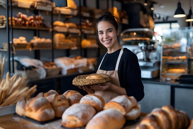 Una giovane venditrice sorridente e amichevole vende pane fresco in una panetteria pulita e moderna con elementi di stile in legno il concetto di pubblicità e marketing della panetteria