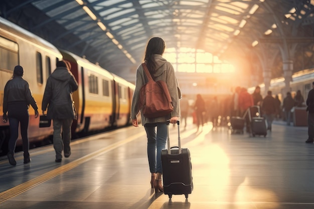 Una giovane viaggiatrice che cammina con i bagagli in una stazione ferroviaria trafficata