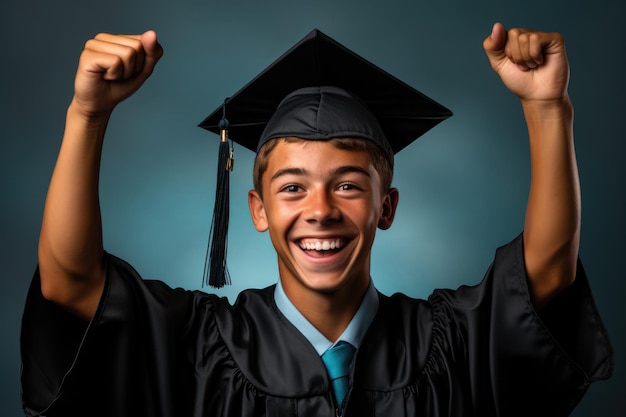 Una gioventù trionfante che tiene un berretto di laurea isolato su uno sfondo sfumato