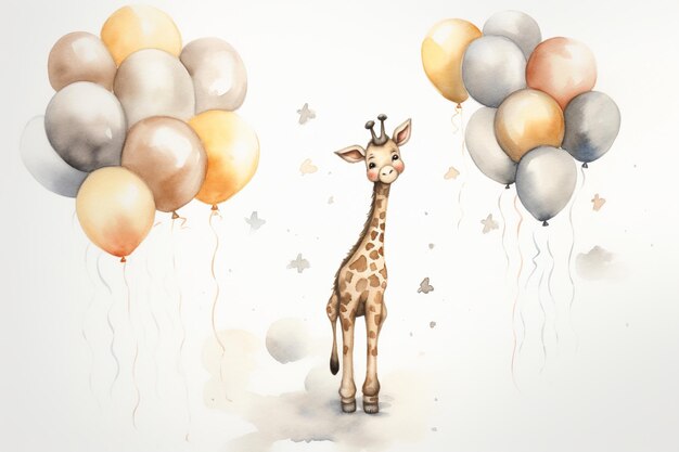 una giraffa ad acquerello tiene i palloncini in aria nello stile del grigio e del beige