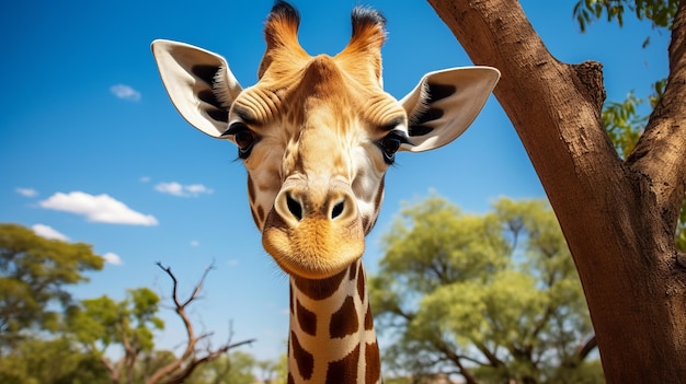 Una giraffa carina che guarda la bellezza della natura in Africa con la telecamera