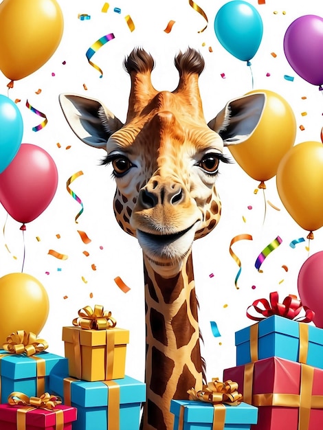Una giraffa carina che sorride alla festa con regali di palloncini e confetti isolati sullo sfondo bianco