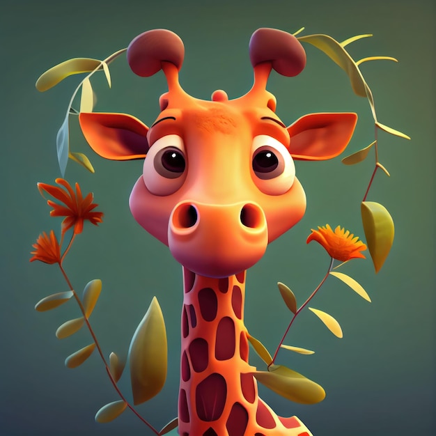 Una giraffa cartone animato con un fiore in bocca.