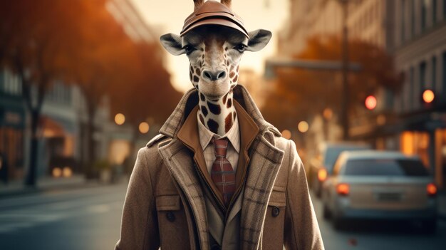 Una giraffa che indossa un cappello e un vestito è in piedi su una strada