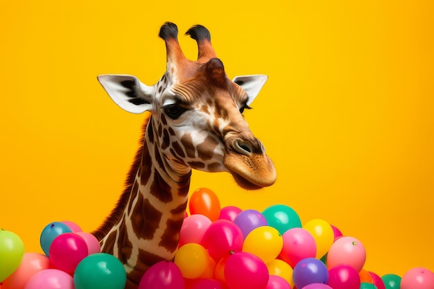 Una giraffa circondata da palloncini da festa colorati generativi ai